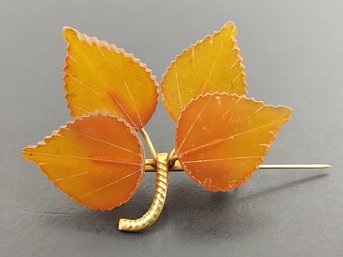 VINTAGE RUSSIAN CARVED BALTIC AMBER LEAVES BROOCH