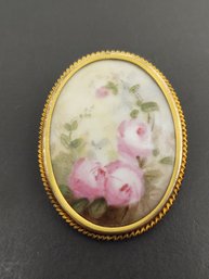 VINTAGE HAND PAINTED FLOWERS ON PORCELAIN BROOCH