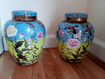 Richly Detailed Colorful Lidded Ginger Jars With Asian Influence