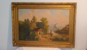 Great Vintage Oil On Canvas Painting Of House By The Lake With Lovely Wooden Gold Colored Frame