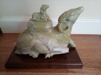 Vintage Soapstone Ram With Baby Ram Sculpture Resting On Dark Stained Wood Base 8 1/2' Long