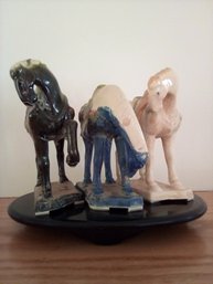 Trio Of Pottery Ponies Resting On Wood Stand Marked Japan