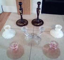 7 Piece Candle Holder Sets In 4 Styles - Milk Glass, Pink Glass, Hand Painted Wood, & Clear Pressed Glass