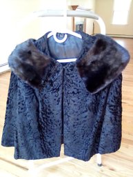 Fur Collard Satiny Lined Black Jacket With Velvety Patterned Soft Wool Like Material -A