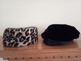 Fabulous Hats-Velvet Beret With Satin Border From Saks Fifth Ave. & Quilt Lined Faux Leopard Pillbox Style  -C
