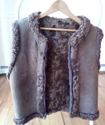 Dark Tan Suede & Wooly Style Lined Zippered Vest - E