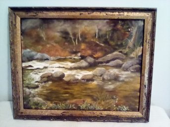 Oil On Canvas Image Of Water Running Over Rocks In Wooded Place Professionally Framed By Michaels  - P8