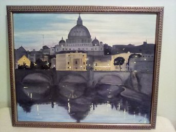 Oil On Canvas Metal Framed Image Of Building With Reflection In Water - Signed By Cici -  P10