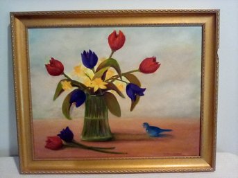 Oil On Canvas Signed By Artist C. Cunningham - Gold Colored Wood Frame - Bird & Vase Of Flowers - P12