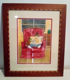 Big Bird Gets Lost Being Read By Small Child In Red Chair - Framed Watercolor With Carved Frame - P17