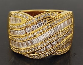 STUNNING GOLD OVER STERLING SILVER CZ MANY ROWS BAGUETTES  & ROUND RING