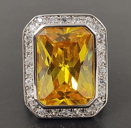 LARGE STERLING SILVER YELLOW CZ RING