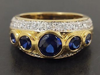 BEAUTIFUL GOLD OVER STERLING SILVER BLUE SAPPHIRE & CZ RING