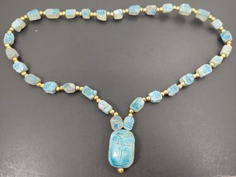 VINTAGE EGYPTIAN REVIVAL FAIENCE BEADS SCARAB NECKLACE