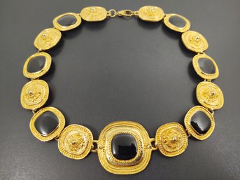 VINTAGE GOLD TONE WITH BLACK ENAMEL MEDALION STYLE NECKLACE