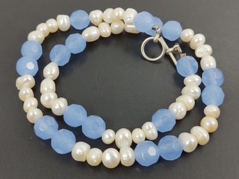 VINTAGE BLUE FACETED GLASS & NATURAL PEARL NECKLACE