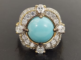 STUNNING GOLD OVER STERLING SILVER TURQUOISE STONE & CZ RING