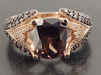BEAUTIFUL ROSE GOLD OVER STERLING SILVER SMOKY BROWN CZ RING