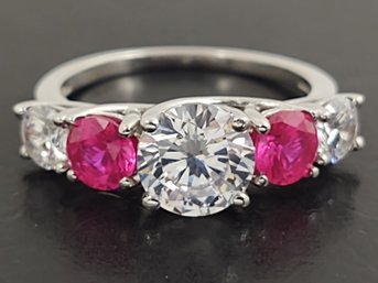 BEAUTIFUL STERLING SILVER PINK SAPPHIRE & CZ RING