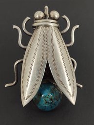 AMAZING LARGE VINTAGE MEXICO STERLING SILVER TURQUOISE FLY INSECT BROOCH