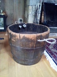 Large Rustic Wood Barrel With Rope Handles - Great For Fireplace Logs