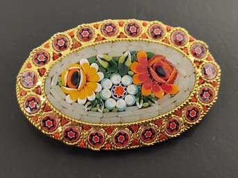 VINTAGE ITALIAN MICRO MOSAIC & MILLEFIORI GLASS FLOWERS BROOCH