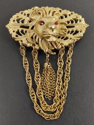 VINTAGE VICTORIAN REVIVAL JEWELED EYES LION TASSEL BROOCH