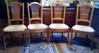 Four Wood Rush Seat Chairs With Carved Details