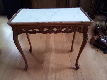 Beautiful Vintage Carved Table With Marble Top & Lovely Pierced Wood Edge Trim