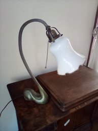 Vintage Swan Neck Metal Lamp With Large Glass Ribbon Edged Lamp Cover