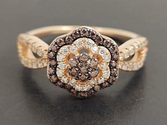 BEAUTIFUL ROSE GOLD OVER STERLING SILVER BROWN & WHITE CZ RING
