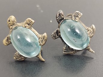 VINTAGE STERLING SILVER BLUE LUCITE JELLY BELLY TURTLE SCREW BACK EARRINGS