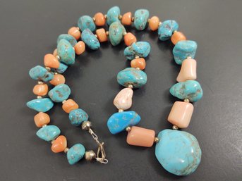 VINTAGE NATIVE AMERICAN STERLING SILVER TURQUOISE & CORAL NECKLACE