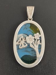 VINTAGE MEXICO STERLING SILVER ART GLASS BUTTERFLY & FLOWERS PENDANT