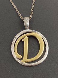 VINTAGE STERLING SILVER GOLD ACCENTED INITIAL 'D' PENDANT NECKLACE