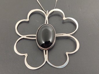 VINTAGE STERLING SILVER MULTI HEART SHAPES ONYX NECKLACE