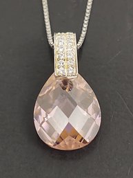 BEAUTIFUL STERLING SILVER FACETED PINK CRYSTAL & CZ NECKLACE