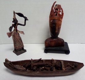 Vintage Carved & Painted Metal Statue African Style Trio Of Items    212/ A3