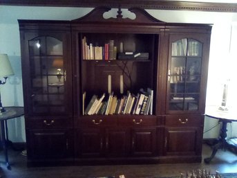 Lovely Wood Three-unit Entertainment Center With Brass Hardware & Lots Of Storage Options