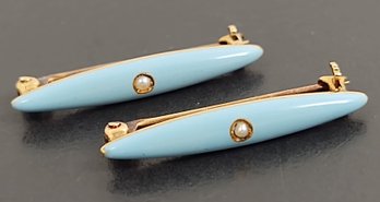 PAIR OF ANTIQUE VICTORIAN 14K ROSE GOLD ENAMEL SEED PEARL BAR PINS