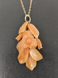 STUUNING ANTIQUE VICTORIAN 14K GOLD CARVED NATURAL CORAL PENDANT NECKLACE