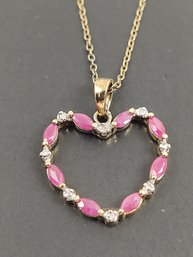 BEAUTIFUL GOLD OVER STERLING SILVER RUBY & DIAMOND HEART PENDANT NECKLACE