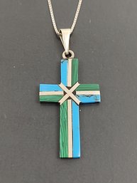 VINTAGE MEXICAN STERLING SILVER TURQUOISE / MALACHITE CROSS PENDANT NECKLACE
