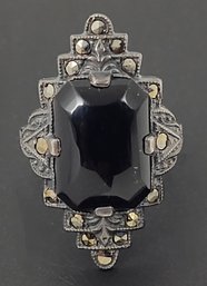VINTAE ART DECO STERLING SILVER ONYX & MARCASITE RING
