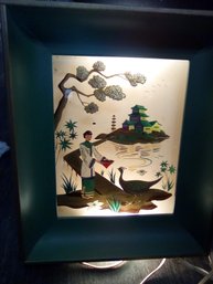 Vintage Green Painted Metal Framed Reverse Painted Asian Inspired Image With 2 Lights BH/A4