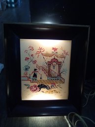 Vintage Black Painted Metal Framed Reverse Painted Asian Inspired Image With 2 Lights BH/A4