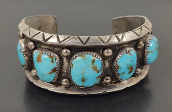 VINTAGE NAVAJO NATIVE AMERICAN STERLING SILVER TURQUOISE 5 STONE CUFF BRACELET
