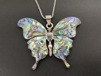 VINTAGE SOUTHWESTERN STERLING SILVER ABALONE INLAY BUTTERFLY NECKLACE