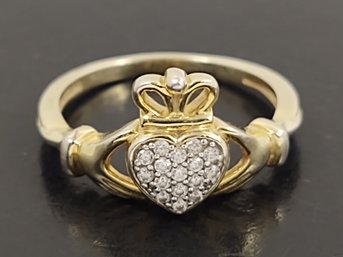 BEAUTIFUL GOLD OVER STERLING SILVER PAVE SET RHINESTONE CLADDAGH RING