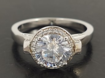 STUNNING STERLING SILVER CZ HALO ENGAGEMENT RING